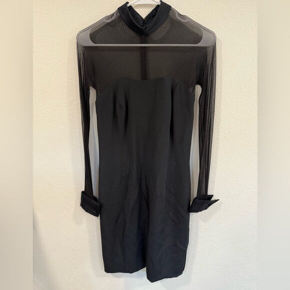 Vera Wang x Neiman Marcus Illusion Mesh Long Sleeve Button Detail Dress, sz 6 - Picture 1 of 5